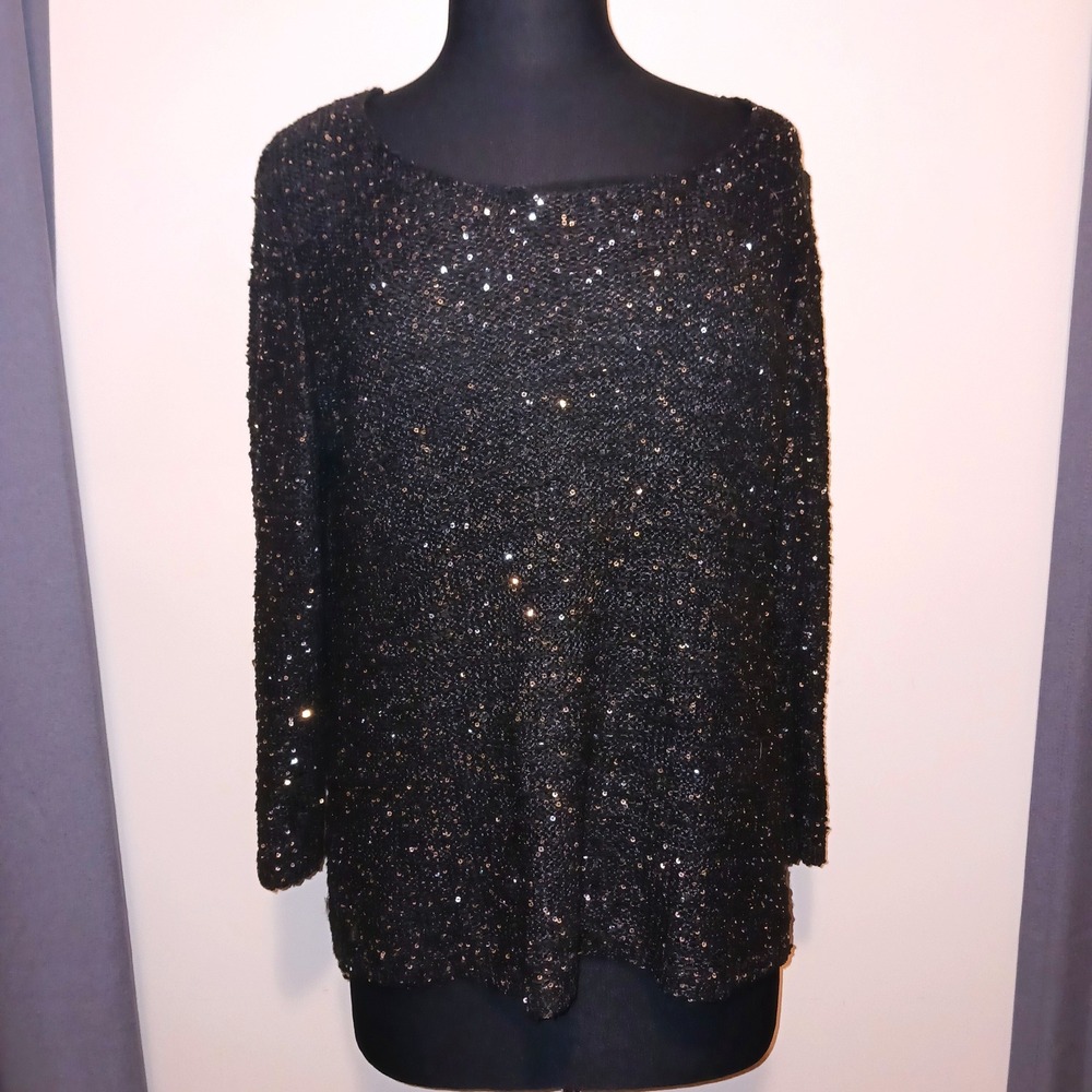 Studio Y Bling Whimsigoth Black Sequin Knit Long Sleeve‎ Scoop Neck  Sweater L